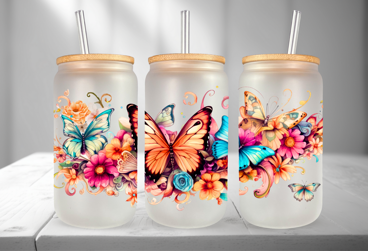 Butterfly Flowers Glass Tumbler